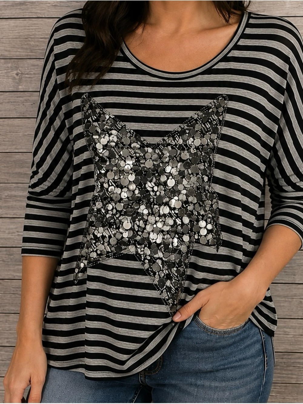Miss Me Black & Gray Striped Sequin Star Long Sleeve Tee